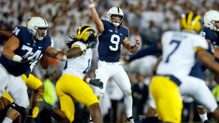 STATE COLLEGE, PA - OCTOBER 21: Trace McSorley #9 of the Penn State Nittany Lions passes in the first half against the Michigan Wolverines on October 21, 2017 at Beaver Stadium in State College, Pennsylvania. (Photo by Justin K. Aller/Getty Images)