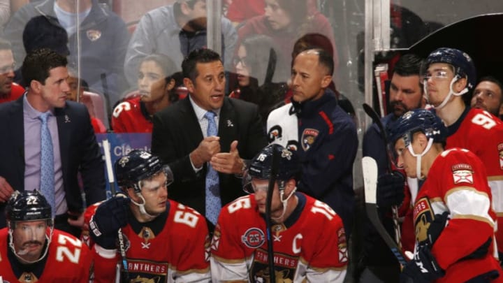 SUNRISE, FL - NOVEMBER 30: Head coach Bob Boughner of the Florida Panthers directs the players during a time out in overtime against the Buffalo Sabres at the BB&T Center on November 30, 2018 in Sunrise, Florida. The Panthers defeated the Sabres 3-2 in overtime. (Photo by Joel Auerbach/Getty Images)