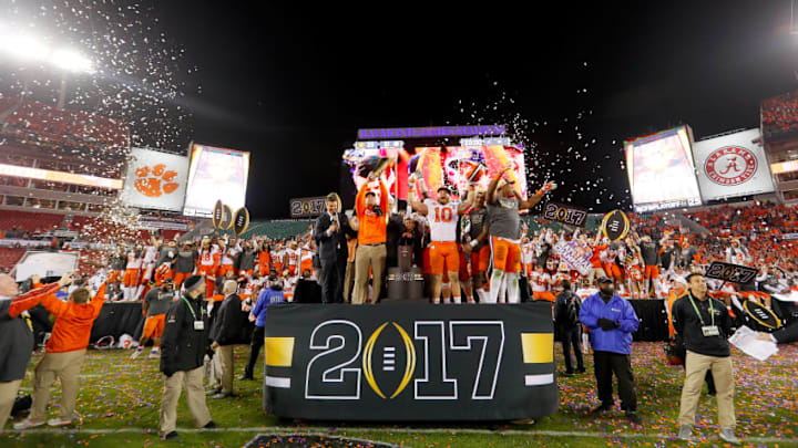 TAMPA, FL - JANUARY 09: Head coach Dabo Swinney of the Clemson Tigers (L) and linebacker Ben Boulware