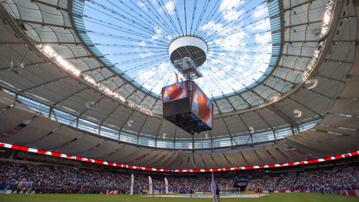 VANCOUVER, BC – AUGUST 23: Vancouver Whitecaps and Seattle Sounders stand on the field under an open roof during the national anthems prior to their match at BC Place on August 23, 2017 in Vancouver, Canada. (Photo by Derek Cain/Icon Sportswire via Getty Images)