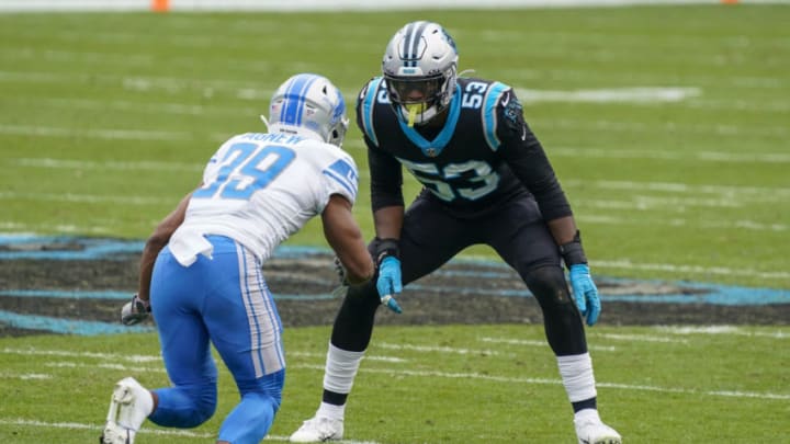 Nov 22, 2020; Charlotte, North Carolina, USA; Carolina Panthers defensive end Brian Burns (53) guards Detroit Lions wide receiver Jamal Agnew (39) during the second quarter at Bank of America Stadium. Mandatory Credit: Jim Dedmon-USA TODAY Sports