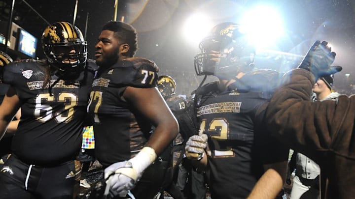 Nov 25, 2016; Kalamazoo, MI, USA; Western Michigan Broncos players celebrate and run off the field after a game against the Toledo Rockets at Waldo Stadium. The Broncos won 55-35. Mandatory Credit: Patrick Gorski-USA TODAY Sports