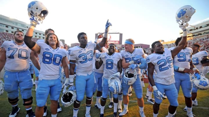 Oct 1, 2016; Tallahassee, FL, USA; North Carolina Tarheels players celebrate after the win against the Florida State Seminoles at Doak Campbell Stadium. Mandatory Credit: Melina Vastola-USA TODAY Sports