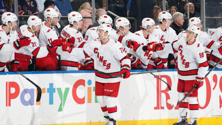 NEW YORK, NY - DECEMBER 27: Lucas Wallmark #71 of the Carolina Hurricanes celebrates after scoring a goal in the first period against the New York Rangers at Madison Square Garden on December 27, 2019 in New York City. (Photo by Jared Silber/NHLI via Getty Images)