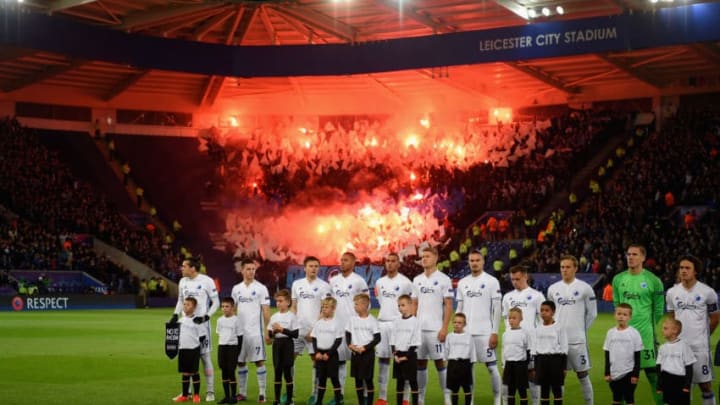 LEICESTER, ENGLAND - OCTOBER 18: Copenhagen fans light flare prior to the UEFA Champions League Group G match between Leicester City FC and FC Copenhagen at The King Power Stadium on October 18, 2016 in Leicester, England. (Photo by Michael Regan/Getty Images)