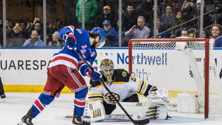 NEW YORK, NY – FEBRUARY 06: Boston Bruins Goalie Jaroslav Halak (41) stops New York Rangers Center Mika Zibanejad (93) the shoot out of an Eastern Conference match-up Between the Boston Bruins and the New York Rangers on February 06, 2019, at Madison Square Garden in New York, NY. (Photo by David Hahn/Icon Sportswire via Getty Images)
