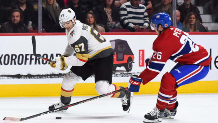 MONTREAL, QC - NOVEMBER 10: Montreal Canadiens defenceman Jeff Petry (26) intercepts Las Vegas Golden Knights left wing Max Pacioretty (67) during the Las Vegas Golden Knights versus the Montreal Canadiens game on November 10, 2018, at Bell Centre in Montreal, QC (Photo by David Kirouac/Icon Sportswire via Getty Images)