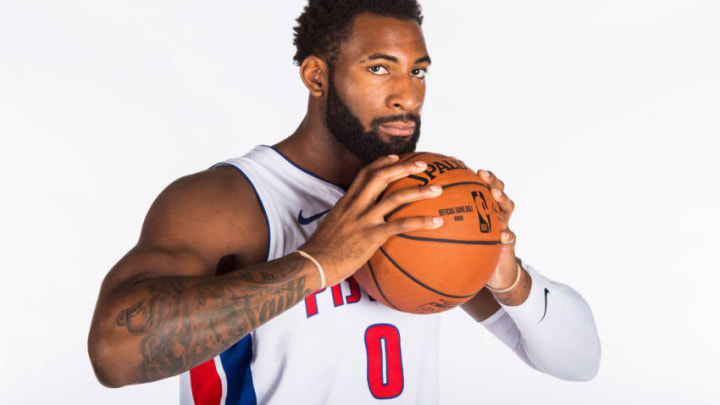 DETROIT, MI - SEPTEMBER 24: Andre Drummond #0 of the Detroit Pistons poses for a portrait at media day on September 24, 2018 at Little Caesars Arena in Detroit, Michigan. NOTE TO USER: User expressly acknowledges and agrees that, by downloading and or using this photograph, User is consenting to the terms and conditions of the Getty Images License Agreement. Mandatory Copyright Notice: Copyright 2018 NBAE (Photo by Chris Schwegler/NBAE via Getty Images)