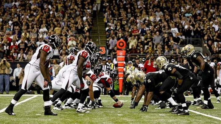 November 11, 2012; New Orleans, LA, USA; The Atlanta Falcons line up against the New Orleans Saints during the third quarter of a game at the Mercedes-Benz Superdome. Mandatory Credit: Derick E. Hingle-USA TODAY Sports