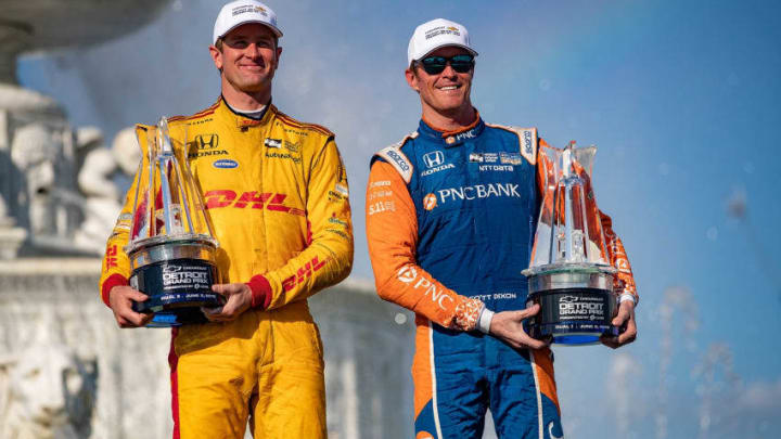 DETROIT, MI - JUNE 3: Ryan Hunter Reay #28 of Andretti Autosport (L), winner of the Chevrolet Dual in Detroit, part of the Verizon Indy Car Series, stands on the podium with yesterday's winner Scott Dixon #9 of New Zealand during 2018 Chevrolet Detroit Grand Prix at Belle Isle on June 3, 2018 in Detroit, Michigan. (Photo by Dave Reginek/Getty Images)