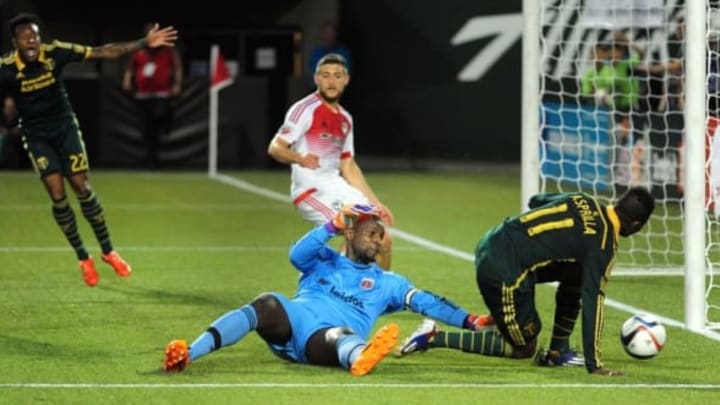 May 27, 2015; Portland, OR, USA; D.C. United goalkeeper Bill Hamid (28) blocks the shot of Portland Timbers midfielder/forward Dairon Asprilla (11) during the second half of the game at Providence Park. The Timbers won the game 1-0. Mandatory Credit: Steve Dykes-USA TODAY Sports