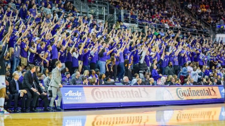 SEATTLE, WA - DECEMBER 08: Washington Huskies students cheer in the game against the Gonzaga Bulldogs at Hec Edmundson Pavilion on December 8, 2019 in Seattle, Washington. (Photo by Mike Tedesco/Getty Images)