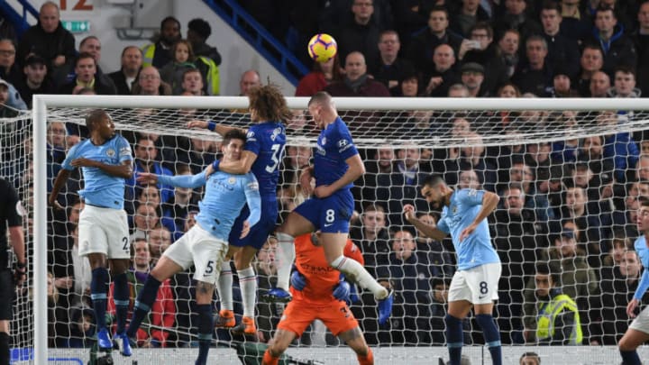 LONDON, ENGLAND - DECEMBER 08: David Luiz of Chelsea scores his team's second goal during the Premier League match between Chelsea FC and Manchester City at Stamford Bridge on December 8, 2018 in London, United Kingdom. (Photo by Shaun Botterill/Getty Images)