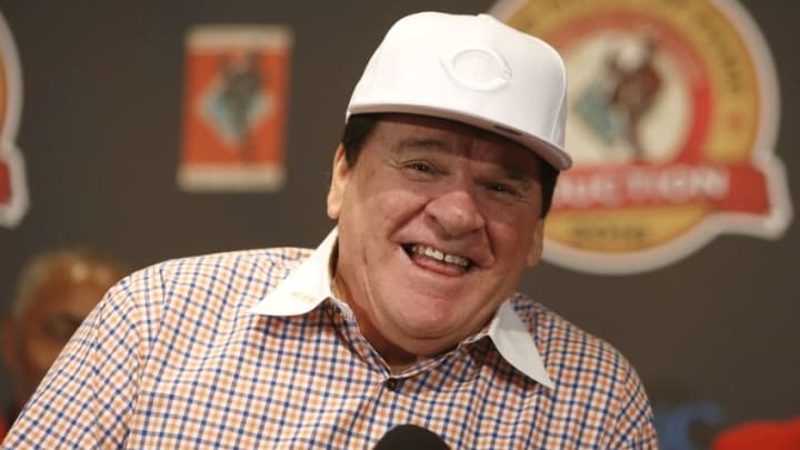 Jun 25, 2016; Cincinnati, OH, USA; Cincinnati Reds great Pete Rose speaks during a press conference before being inducted into the Cincinnati Reds Hall of Fame before a game with the San Diego Padres at Great American Ball Park. Mandatory Credit: David Kohl-USA TODAY Sports