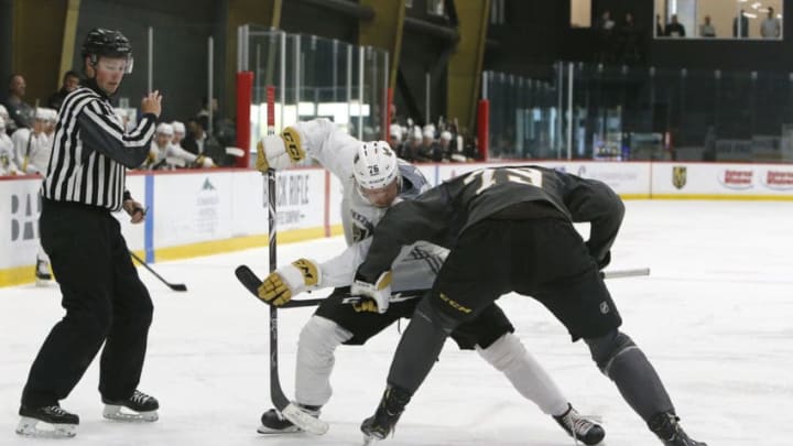 LAS VEGAS, NV - JUNE 29: Vegas Golden Knights Gustaf Westlund (76) and Keenan Suthers (79) face off during a scrimmage game at the Vegas Golden Knights Development Camp Saturday, June 29, 2019, at City National Arena in Las Vegas, NV. (Photo by Marc Sanchez/Icon Sportswire via Getty Images)