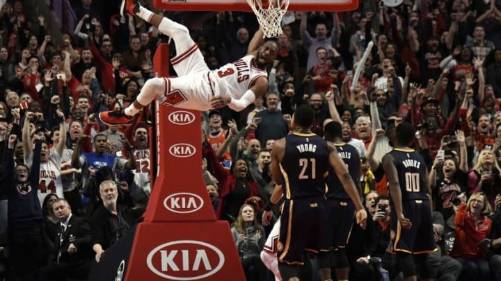 Dec 26, 2016; Chicago, IL, USA; Chicago Bulls guard Dwyane Wade (3) reacts after dunking against the Indiana Pacers in the final seconds of the game during the second half at the United Center. The Bulls won 90-85. Mandatory Credit: David Banks-USA TODAY Sports