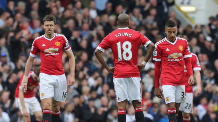 LONDON, ENGLAND - APRIL 10: Michael Carrick, Ashley Young and Jesse Lingard of Manchester United react to Erik Lamela of Tottenham Hotspur scoring their third goal during the Barclays Premier League match between Tottenham Hotspur and Manchester United at White Hart Lane on April 10 2016 in London, England (Photo by Tom Purslow/Man Utd via Getty Images)