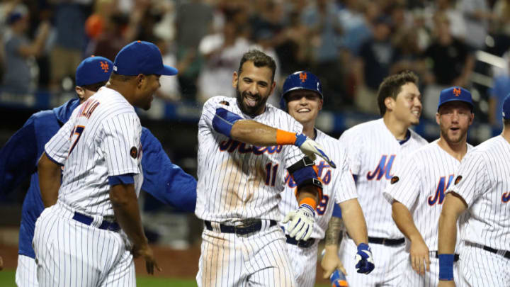 NEW YORK, NY - JULY 06: Jose Bautista #11 of the New York Mets celebrates his walk off Grand Slam home run against the Tampa Bay Rays during their game at Citi Field on July 6, 2018 in New York City. (Photo by Al Bello/Getty Images)