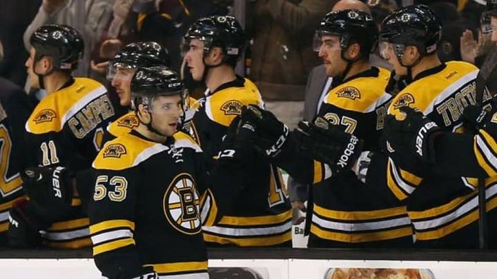 Nov 10, 2014; Boston, MA, USA; Boston Bruins center Seth Griffith (53) is congratulated at the bench after scoring against the New Jersey Devils during the second period at TD Garden. Mandatory Credit: Winslow Townson-USA TODAY Sports
