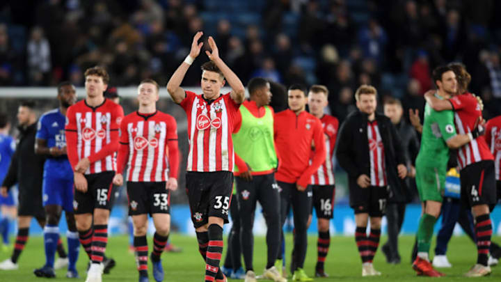 LEICESTER, ENGLAND - JANUARY 12: Jan Bednarek of Southampton acknowledges the fans following the Premier League match between Leicester City and Southampton FC at The King Power Stadium on January 12, 2019 in Leicester, United Kingdom. (Photo by Ross Kinnaird/Getty Images)
