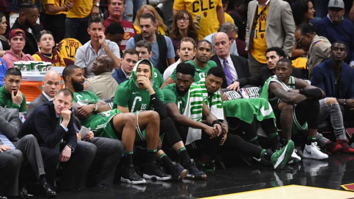 CLEVELAND, OH - MAY 19: The Boston Celtics bench reacts in the second half against the Cleveland Cavaliers during Game Three of the 2018 NBA Eastern Conference Finals at Quicken Loans Arena on May 19, 2018 in Cleveland, Ohio. NOTE TO USER: User expressly acknowledges and agrees that, by downloading and or using this photograph, User is consenting to the terms and conditions of the Getty Images License Agreement. (Photo by Jason Miller/Getty Images)