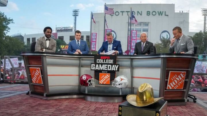 The Hosts of College Gameday during their show early morning before the NCAA college football game between Texas Longhorns Oklahoma Sooners at the Cotton Bowl on Saturday, Oct. 7, 2023 in Dallas, Texas. This game makes up the119th rivalry match up.