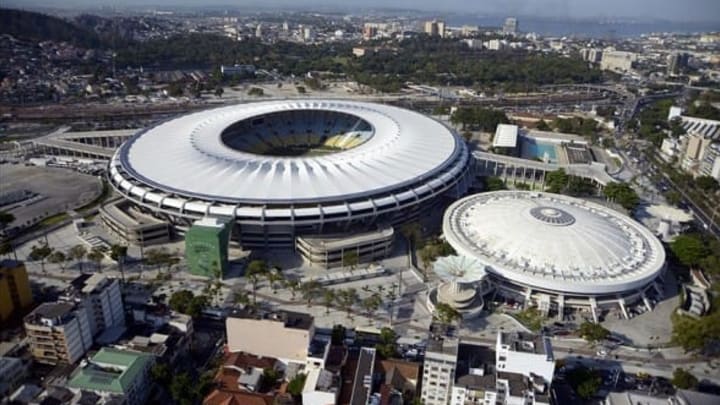 Oct 24, 2013; Rio de Janiero, BRA; An aerial view of Maracana Stadium and Maracanazinho Arena (right) in the city of Rio during the first world press briefing for the Rio 2016 Olympic Games. Mandatory Credit: RVR Photos-USA TODAY Sports