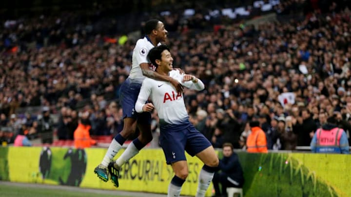 LONDON, ENGLAND - DECEMBER 26: Heung-Min Son of Tottenham Hotspur celebrates with Kyle Walkers-Peters of Tottenham Hotspur after he scores his sides second goal during the Premier League match between Tottenham Hotspur and AFC Bournemouth at Tottenham Hotspur Stadium on December 26, 2018 in London, United Kingdom. (Photo by Henry Browne/Getty Images)
