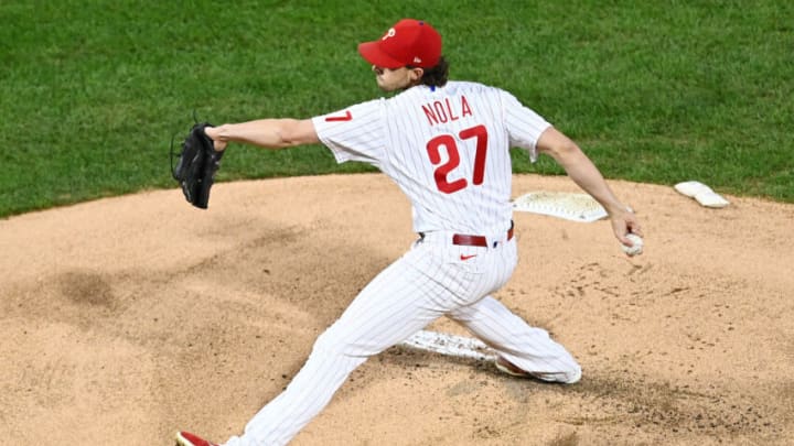 Nov 2, 2022; Philadelphia, Pennsylvania, USA; Philadelphia Phillies starting pitcher Aaron Nola (27) pitches against the Houston Astros during the first inning in game four of the 2022 World Series at Citizens Bank Park. Mandatory Credit: Kyle Ross-USA TODAY Sports