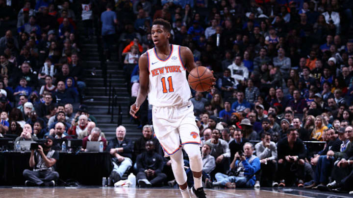 BROOKLYN, NY - JANUARY 15: Frank Ntilikina #11 of the New York Knicks handles the ball against the Brooklyn Nets on January 15, 2018 at Barclays Center in Brooklyn, New York. Copyright 2018 NBAE (Photo by Nathaniel S. Butler/NBAE via Getty Images)