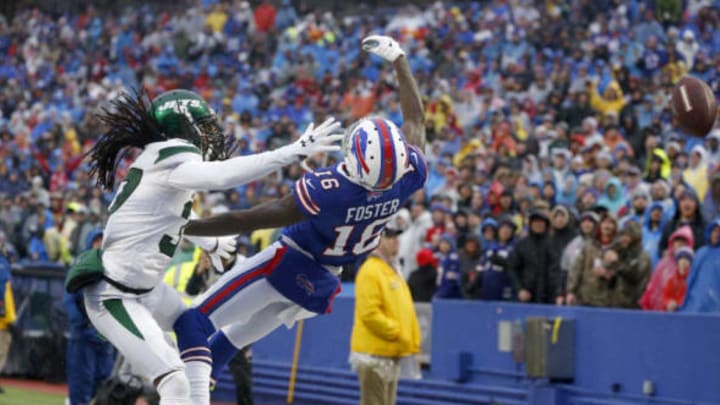 ORCHARD PARK, NY – DECEMBER 29: Robert Foster #16 of the Buffalo Bills jumps to try and make a catch as Maurice Canady #37 of the New York Jets defends during the second half at New Era Field on December 29, 2019 in Orchard Park, New York. Jets beat the Bills 13 to 6. (Photo by Timothy T Ludwig/Getty Images)