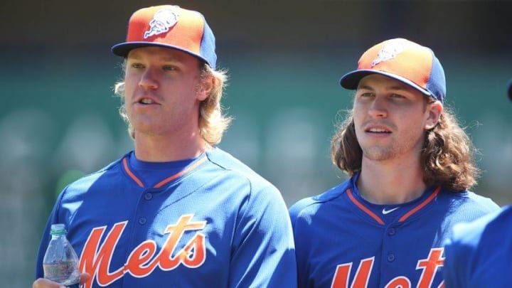 May 23, 2015; Pittsburgh, PA, USA; New York Mets starting pitchers Noah Syndergaard (34) and Jacob deGrom (48) before playing the Pittsburgh Pirates at PNC Park. Mandatory Credit: Charles LeClaire-USA TODAY Sports