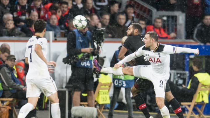 (L-R) Heung Min Son of Tottenham Hotspur FC, Jonathan Tah of Bayer 04 Leverkusen, Vincent Janssen of Tottenham Hotspur FCduring the Champions League group E match between Bayer Leverkusen and Tottenham Hotspur on October 18, 2016 at the Bay Arena in Leverkusen, Germany(Photo by VI Images via Getty Images)