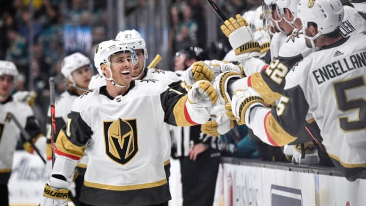 SAN JOSE, CA - OCTOBER 04: The Vegas Golden Knights celebrate a goal against the San Jose Sharks at SAP Center on October 4, 2019 in San Jose, California. (Photo by Brandon Magnus/NHLI via Getty Images)