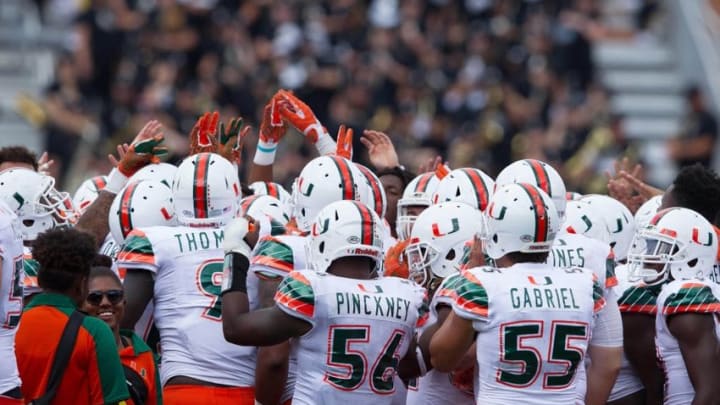 Sep 17, 2016; Boone, NC, USA; The Miami Hurricanes huddle up before the start of the fourth quarter against the Appalachian State Mountaineers at Kidd Brewer Stadium. Mandatory Credit: Jeremy Brevard-USA TODAY Sports