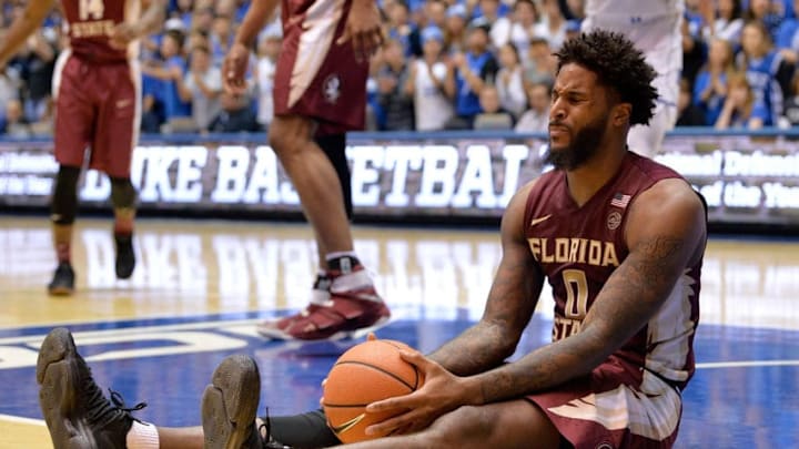 DURHAM, NC - DECEMBER 30: Phil Cofer #0 of the Florida State Seminoles reacts after being called for a foul against the Duke Blue Devils during their game at Cameron Indoor Stadium on December 30, 2017 in Durham, North Carolina. Duke won 100-93. (Photo by Grant Halverson/Getty Images)
