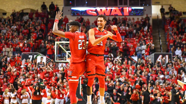 LUBBOCK, TX - JANUARY 28: Jarrett Culver #23 and Davide Moretti #25 of the Texas Tech Red Raiders celebrate during the second half of the game against the TCU Horned Frogs on January 28, 2019 at United Supermarkets Arena in Lubbock, Texas. Texas Tech defeated TCU 84-65. (Photo by John Weast/Getty Images)