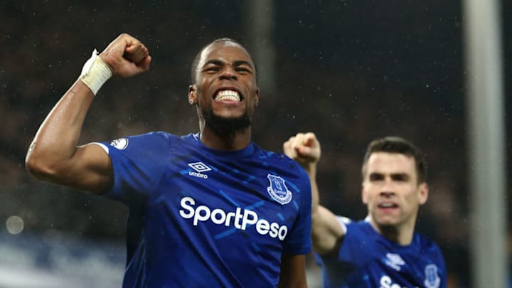 LIVERPOOL, ENGLAND - DECEMBER 26: Seamus Coleman and Djibril Sidibe celebrate the Dominic Calvert-Lewin (not in frame) of Everton goal during the Premier League match between Everton FC and Burnley FC at Goodison Park on December 26, 2019 in Liverpool, United Kingdom. (Photo by Jan Kruger/Getty Images)