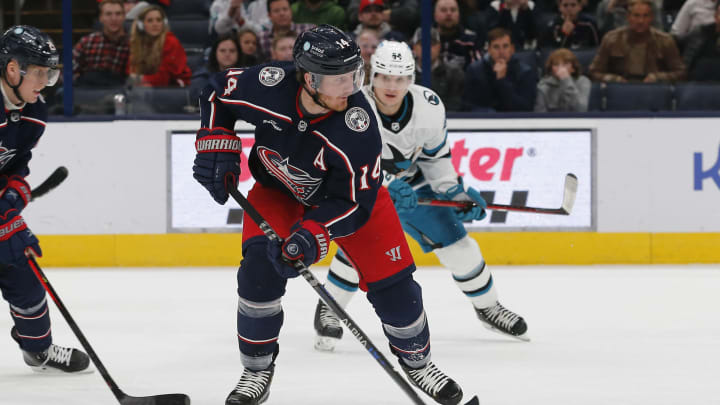 Jan 21, 2023; Columbus, Ohio, USA; Columbus Blue Jackets center Gustav Nyquist (14) looks to pass against the San Jose Sharks during the first period at Nationwide Arena. Mandatory Credit: Russell LaBounty-USA TODAY Sports