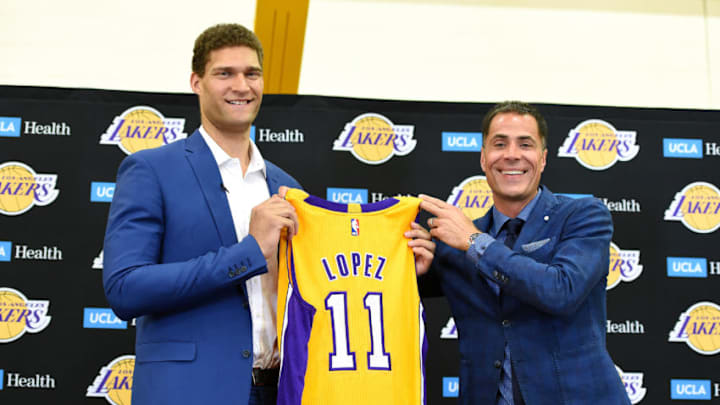 EL SEGUNDO, CA - JUNE 28: Rob Pelinka of the Los Angeles Lakers introduce Brook Lopez at a press conference on June 28, 2017 in El Segundo, California. NOTE TO USER: User expressly acknowledges and agrees that, by downloading and/or using this photograph, user is consenting to the terms and conditions of the Getty Images License Agreement. Mandatory Copyright Notice: Copyright 2017 NBAE (Photo by Andrew D. Bernstein/NBAE via Getty Images)