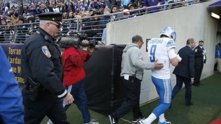 BALTIMORE, MD - DECEMBER 3: Quarterback Matthew Stafford #9 of the Detroit Lions walks off the field after being injured in the fourth quarter against the Baltimore Ravens at M&T Bank Stadium on December 3, 2017 in Baltimore, Maryland. (Photo by Rob Carr/Getty Images)