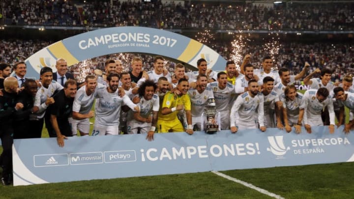 MADRID, SPAIN - AUGUST 16: Sergio Ramos of Real Madrid CF celebrates with teammates the Supercopa de Espana Supercopa Final 2nd Leg match between Real Madrid and FC Barcelona at Estadio Santiago Bernabeu on August 16, 2017 in Madrid, Spain. (Photo by TF-Images/TF-Images via Getty Images)