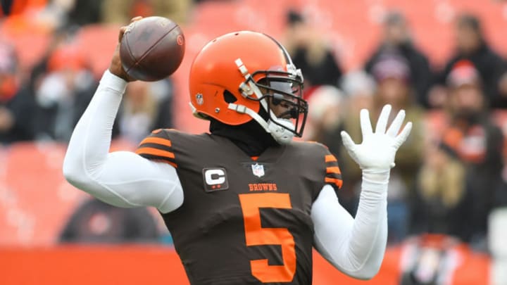 CLEVELAND, OH - DECEMBER 23, 2018: Quarterback Tyrod Taylor #5 of the Cleveland Browns throws a pass prior to a game against the Cincinnati Bengals on December 23, 2018 at FirstEnergy Stadium in Cleveland, Ohio. Cleveland won 26-18. (Photo by: 2018 Nick Cammett/Diamond Images/Getty Images)