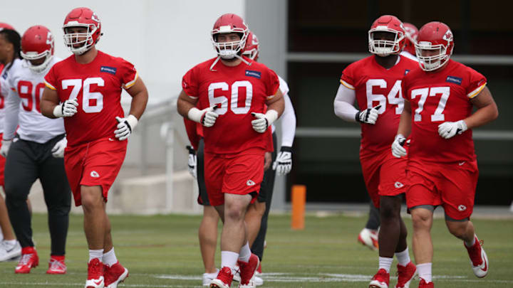 KANSAS CITY, MO - JUNE 12: Kansas City Chiefs offensive lineman Laurent Duvernay-Tardif (76), Ryan Hunter (60), Dillon Gordon (64) and Andrew Wylie (77) during Chiefs Minicamp on June 12, 2018 at the Kansas City Chiefs Training Facility in Kansas City, MO. (Photo by Scott Winters/Icon Sportswire via Getty Images) KANSAS CITY, MO - JUNE 12: Kansas City Chiefs offensive lineman Laurent Duvernay-Tardif (76), Ryan Hunter (60), Dillon Gordon (64) and Andrew Wylie (77) during Chiefs Minicamp on June 12, 2018 at the Kansas City Chiefs Training Facility in Kansas City, MO. (Photo by Scott Winters/Icon Sportswire via Getty Images)