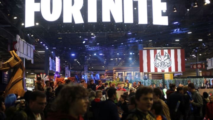 PARIS, FRANCE - OCTOBER 26: The logo of the video game 'Fortnite' developed by Epic Games is displayed during the 'Paris Games Week' on October 26, 2018 in Paris, France. 'Paris Games Week' is an international trade fair for video games and runs from October 26 to 31, 2018. (Photo by Chesnot/Getty Images)