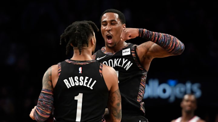 NEW YORK, NEW YORK - JANUARY 25: Rondae Hollis-Jefferson #24 and D'Angelo Russell #1 of the Brooklyn Nets react during the fourth quarter of the game against the New York Knicks at Barclays Center on January 25, 2019 in the Brooklyn borough of New York City. The Brooklyn Nets defeat the New York Knicks 109-99. NOTE TO USER: User expressly acknowledges and agrees that, by downloading and or using this photograph, User is consenting to the terms and conditions of the Getty Images License Agreement. (Photo by Sarah Stier/Getty Images)