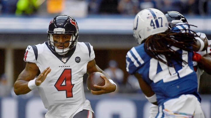 INDIANAPOLIS, IN – OCTOBER 20: Deshaun Watson #4 of the Houston Texans runs the ball downfield during the second quarter of the game against the Indianapolis Colts at Lucas Oil Stadium on October 20, 2019 in Indianapolis, Indiana. (Photo by Bobby Ellis/Getty Images)