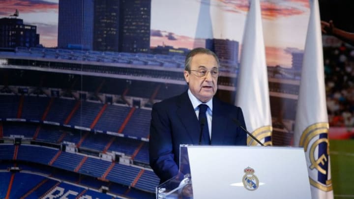 Real Madrid president Florentino Perez speaks to the press during the official presentation of Real Madrid's Spanish-Dominican forward Mariano at the Santiago Bernabeu Stadium in Madrid on August 31, 2018. (Photo by Benjamin CREMEL / AFP) (Photo credit should read BENJAMIN CREMEL/AFP/Getty Images)