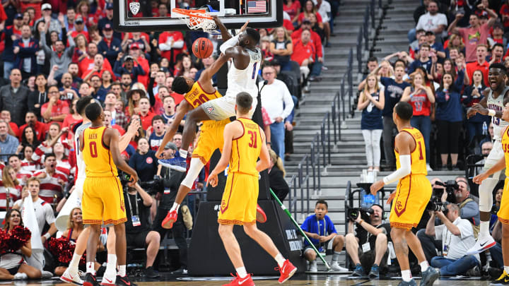LAS VEGAS, NV – MARCH 10: Arizona guard Rawle Alkins (1) dunks on USC guard Elijah Stewart (30) during the championship game of the mens Pac-12 Tournament between the USC Trojans and the Arizona Wildcats on March 10, 2018, at the T-Mobile Arena in Las Vegas, NV. (Photo by Brian Rothmuller/Icon Sportswire via Getty Images)