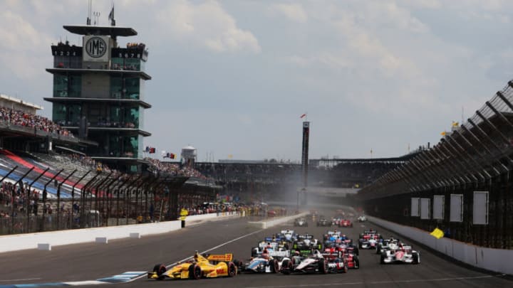 INDIANAPOLIS, IN - MAY 10: Ryan Hunter-Reay drives the #28 Andretti Autosport Dallara Honda ahead of the field on the first lap under caution after an incident during the Grand Prix of Indianapolis at Indianapolis Motor Speedway on May 10, 2014 in Indianapolis, Indiana. (Photo by Nick Laham/Getty Images)